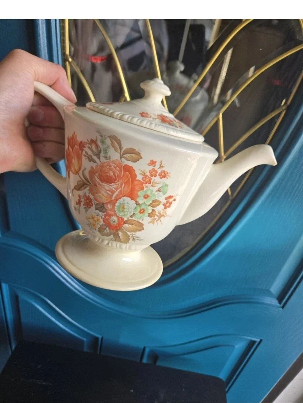 Vintage 1946 Homer Laughlin Ceramic Teapot w Exquisite Orange Poppy Print Op